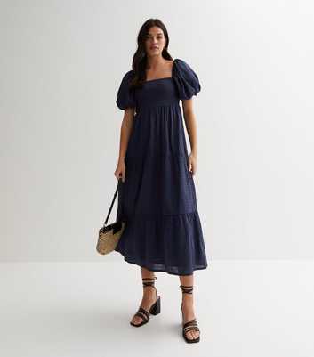 Navy Textured Puff Sleeve Midi Dress