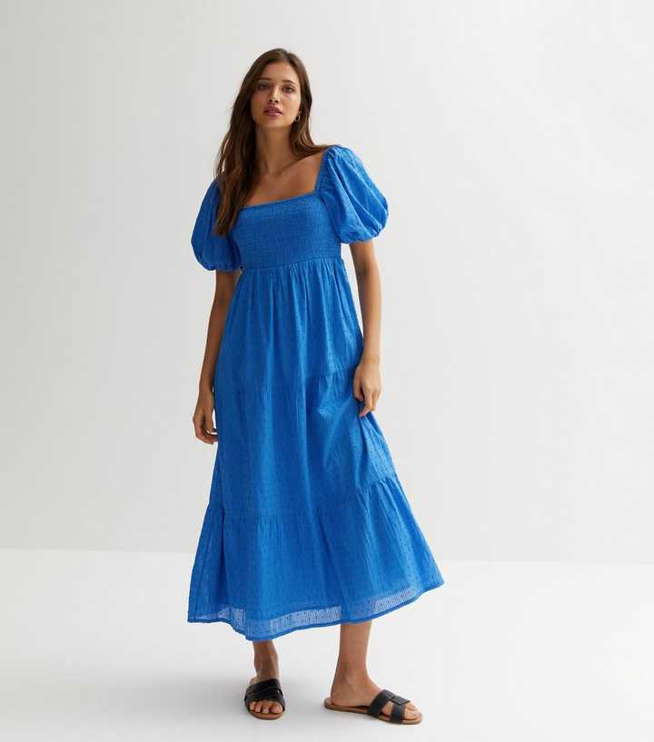 Bright Blue Textured Cotton Puff Sleeve Midi Dress Bright Blue Textured Cotton Puff Sleeve Midi Dress