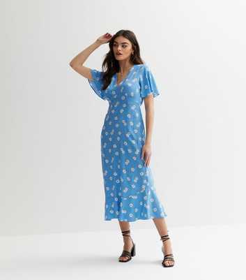 Blue Daisy Flutter Sleeve Midi Dress