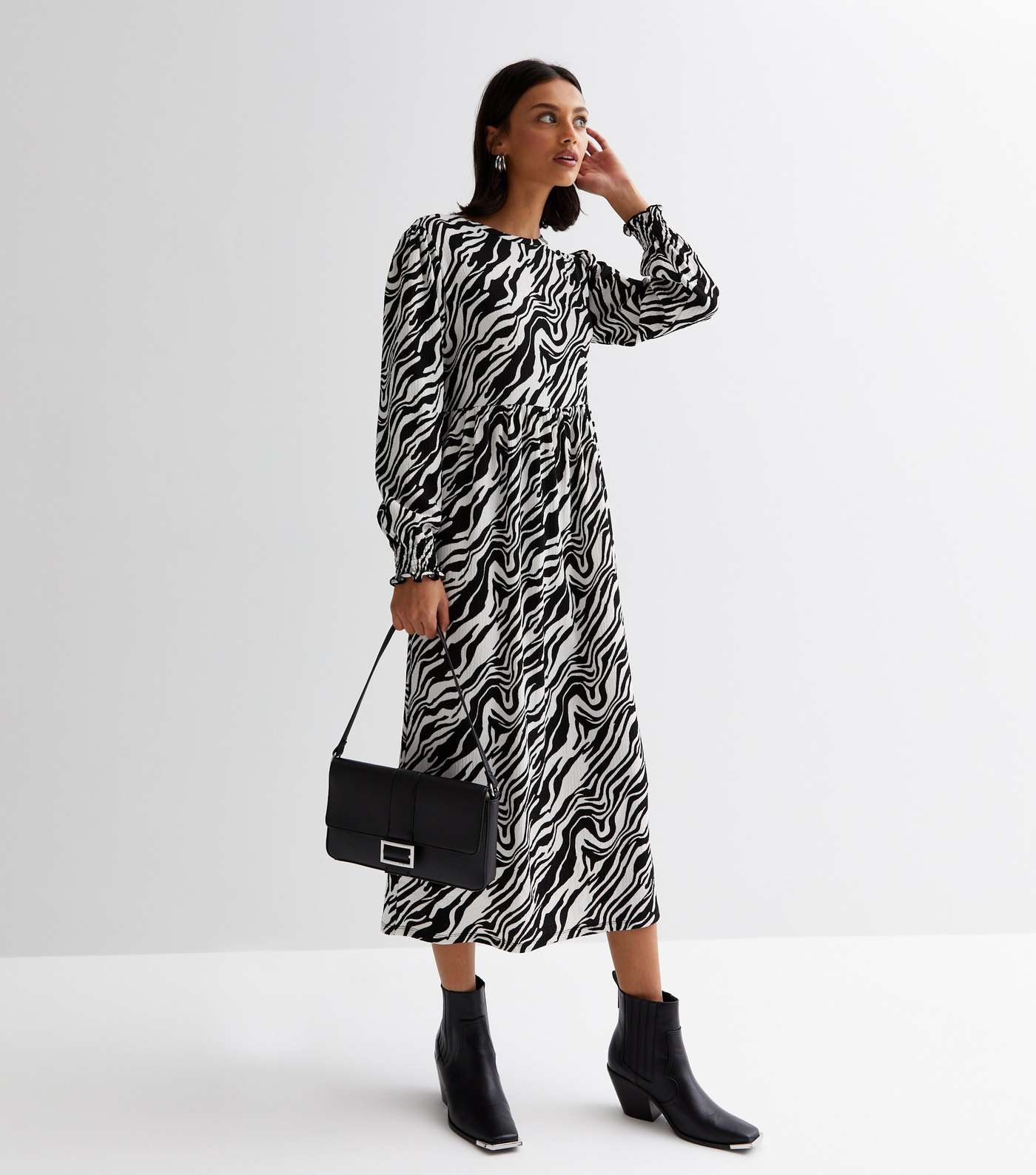 Black Jersey Abstract Print Long Sleeve Smock Midi Dress