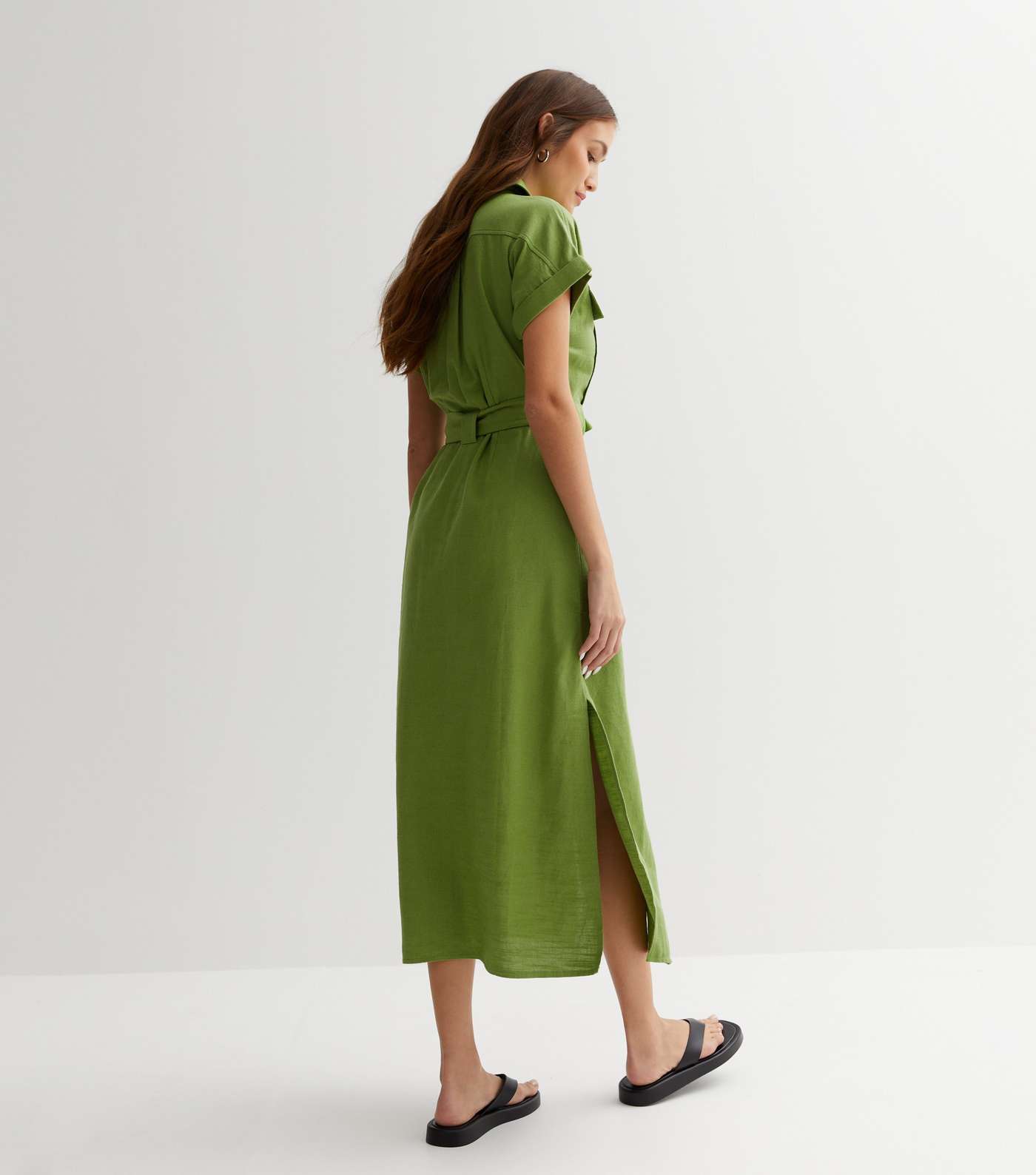 Olive Belted Utility Midi Dress Image 4
