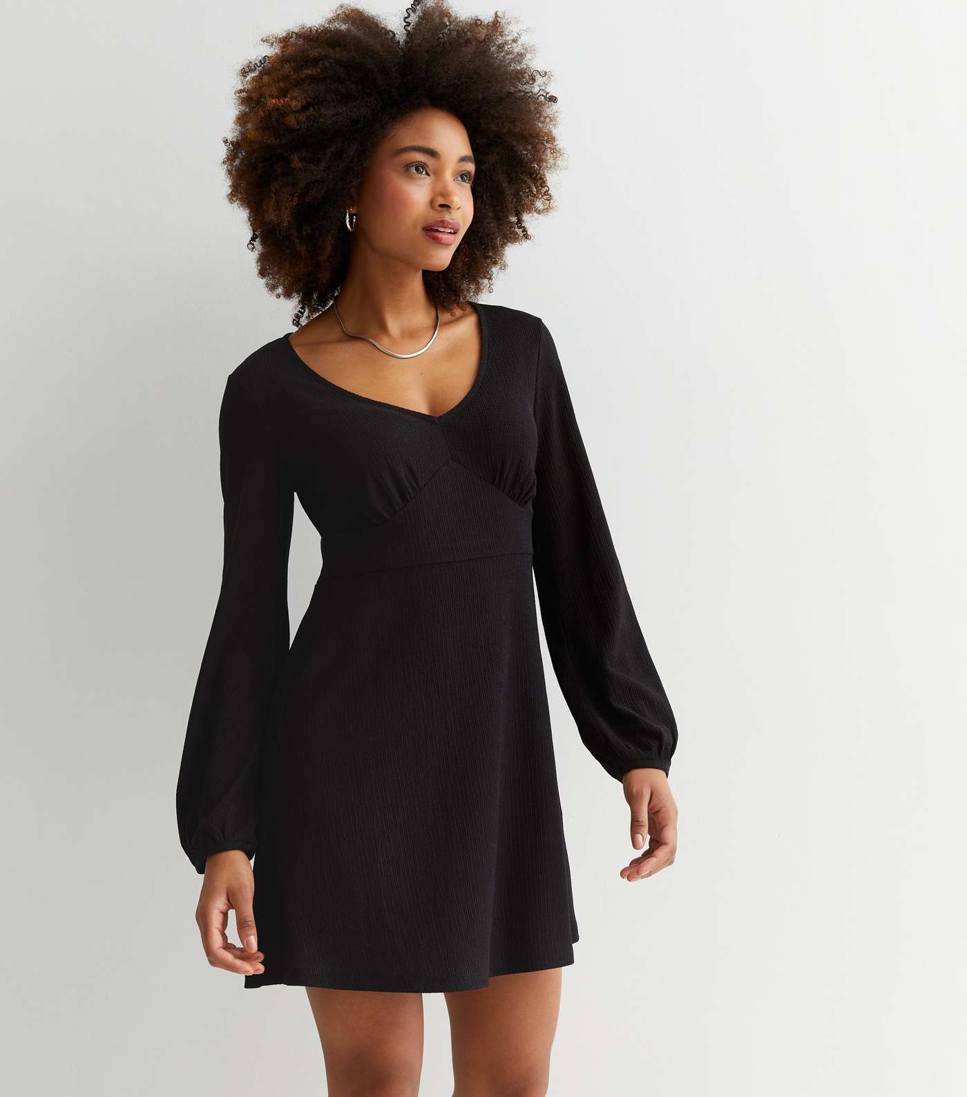 Black Crinkle Jersey Long Sleeve Mini Dress