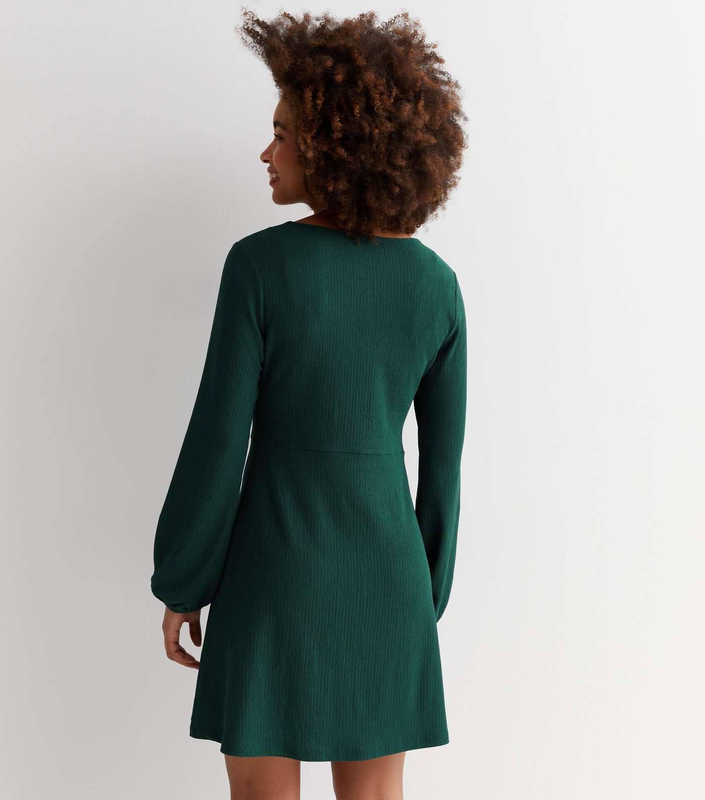 Dark Green Crinkle Jersey Long Sleeve Mini Dress Image 4