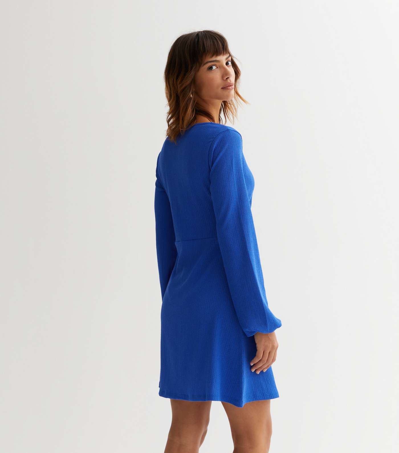 Bright Blue Crinkle Jersey Long Sleeve Mini Dress Image 4
