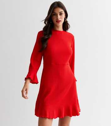 Red Crinkle Jersey 3/4 Frill Sleeve Mini Dress
