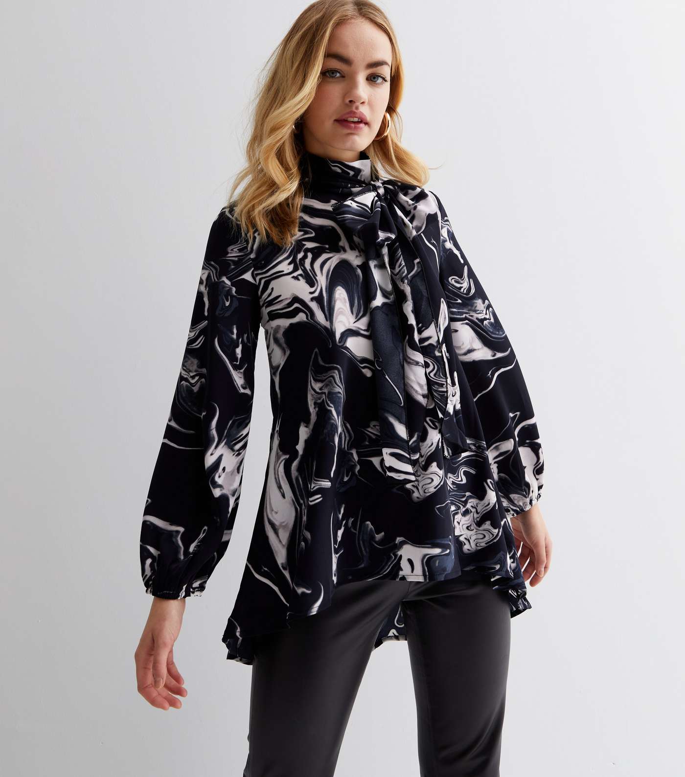 Cutie London Navy Marble Print Bow Neck Long Sleeve Blouse Image 2