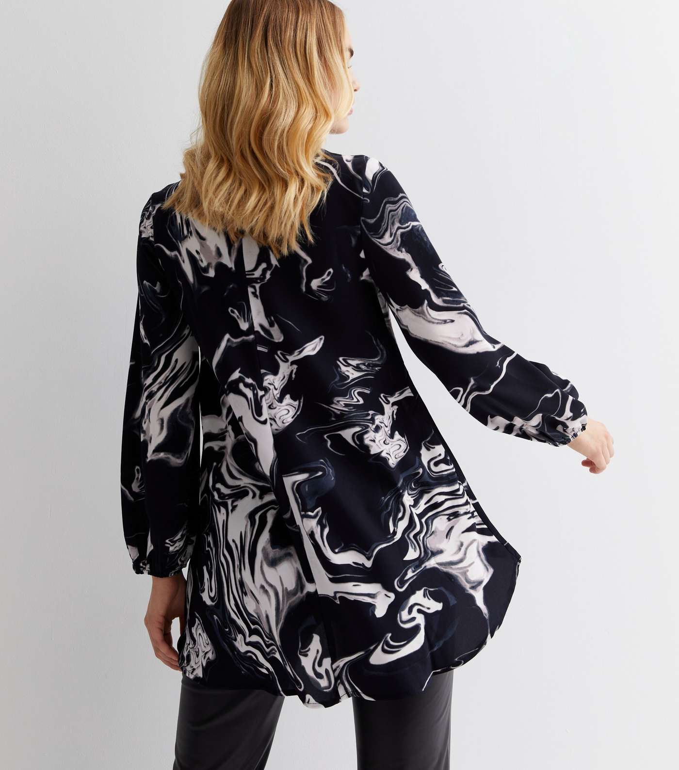 Cutie London Navy Marble Print Bow Neck Long Sleeve Blouse Image 4