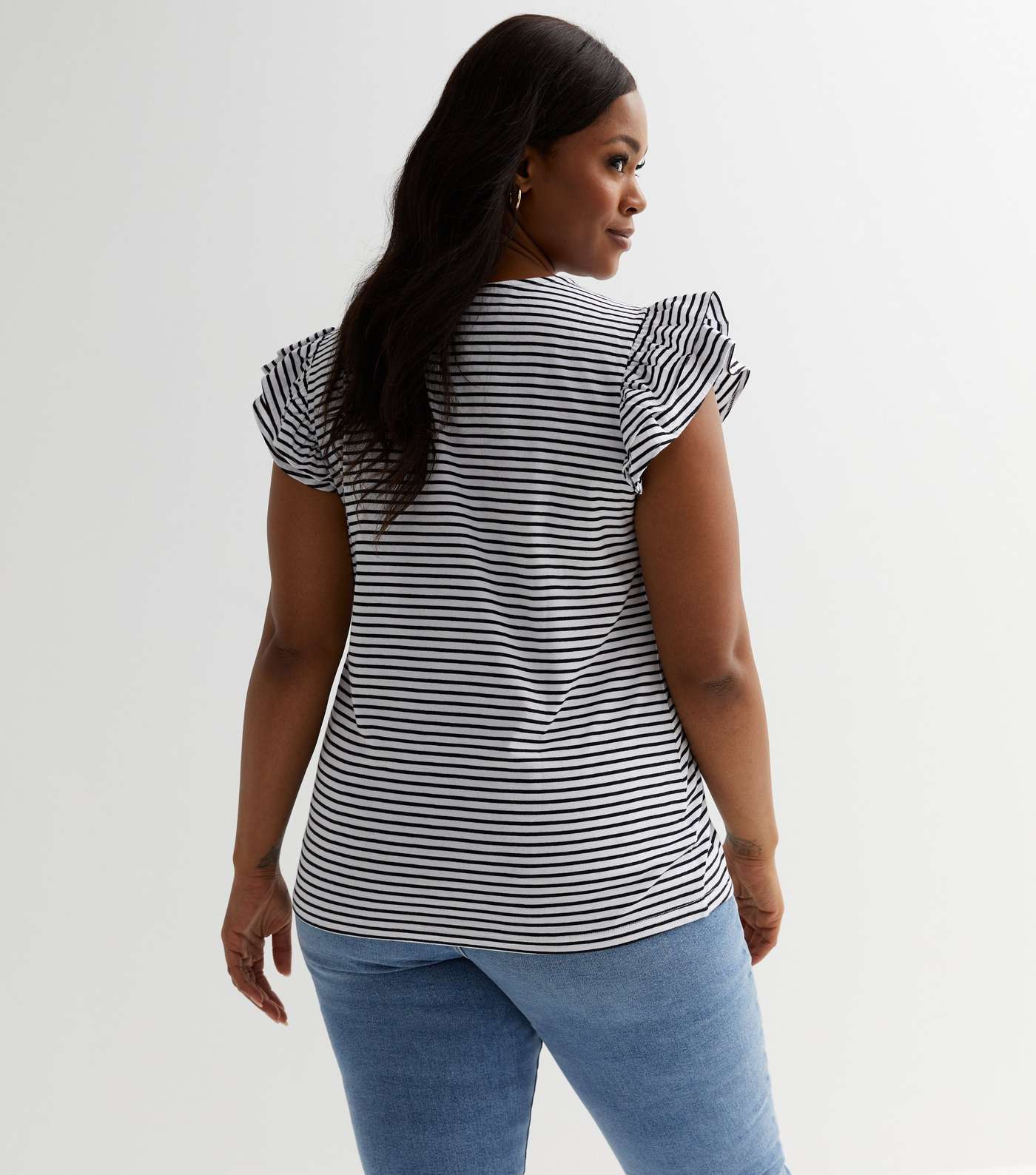 Curves White Stripe Frill Sleeve T-Shirt Image 4