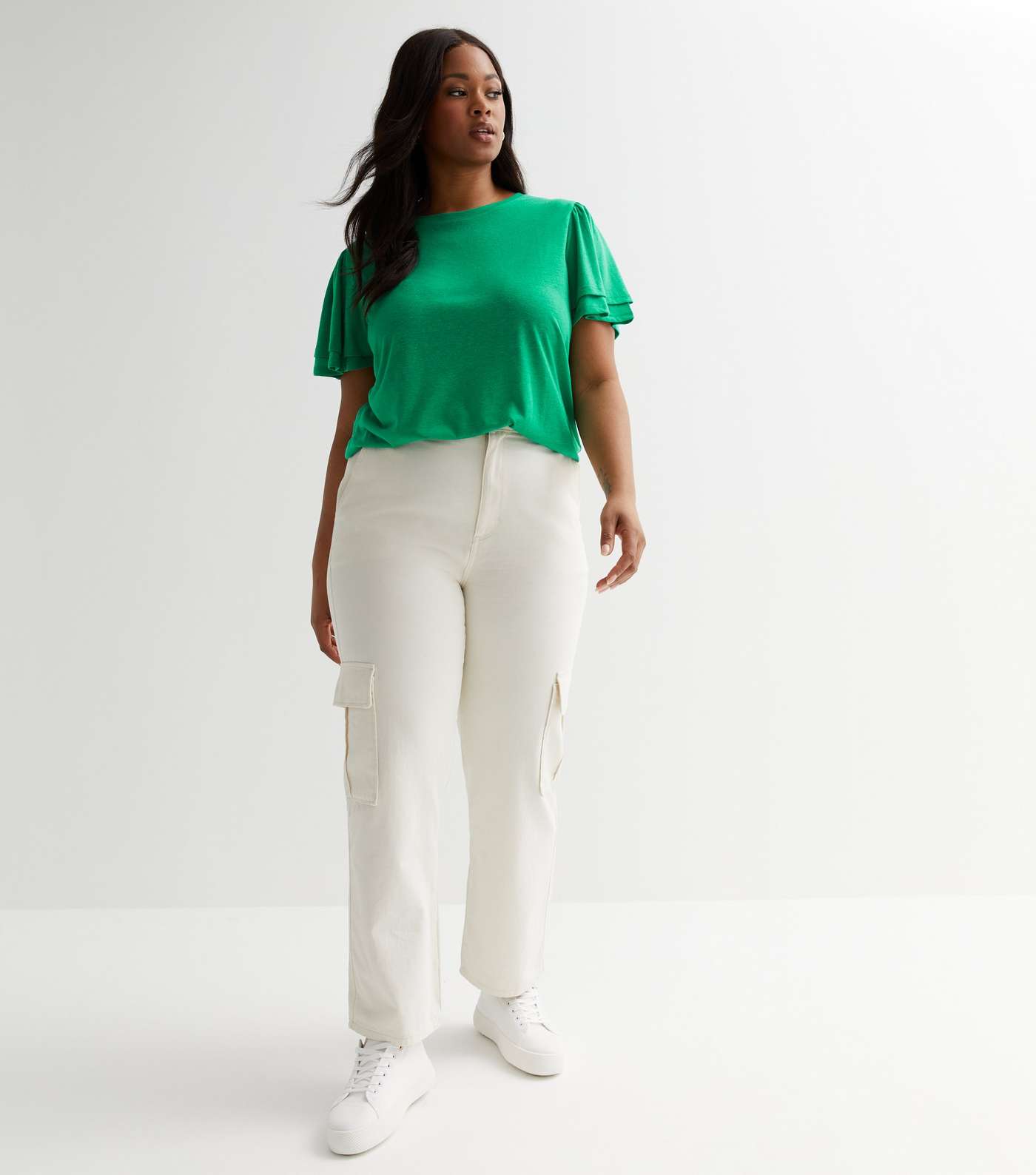 Curves Green Jersey Flutter Sleeve Long T-Shirt Image 2