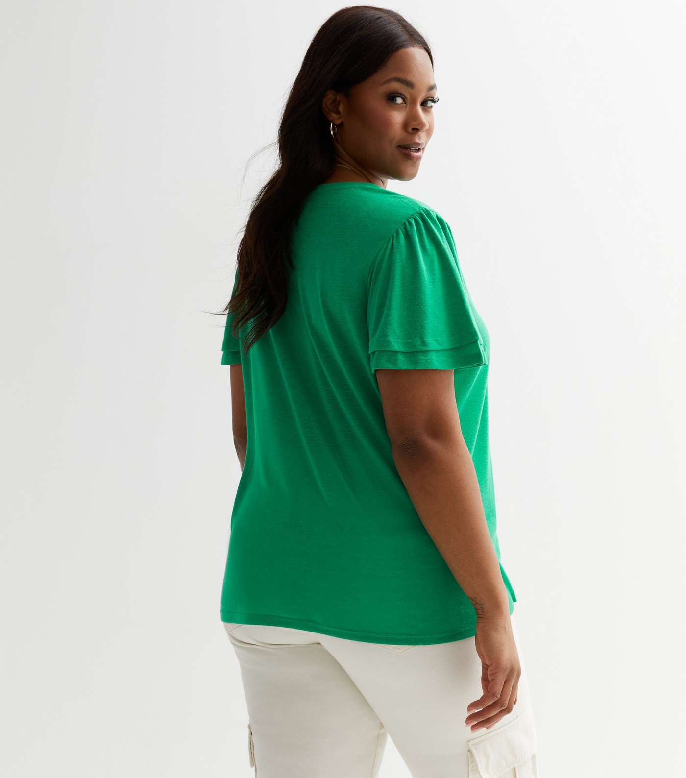 Curves Green Jersey Flutter Sleeve Long T-Shirt Image 4
