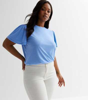 Curves Blue Jersey Flutter Sleeve Long T-Shirt