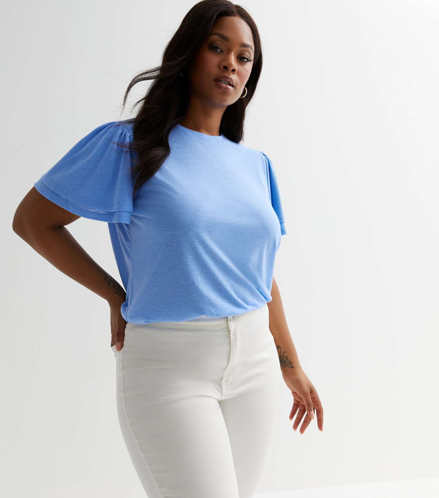 Curves Blue Jersey Flutter Sleeve Long T-Shirt