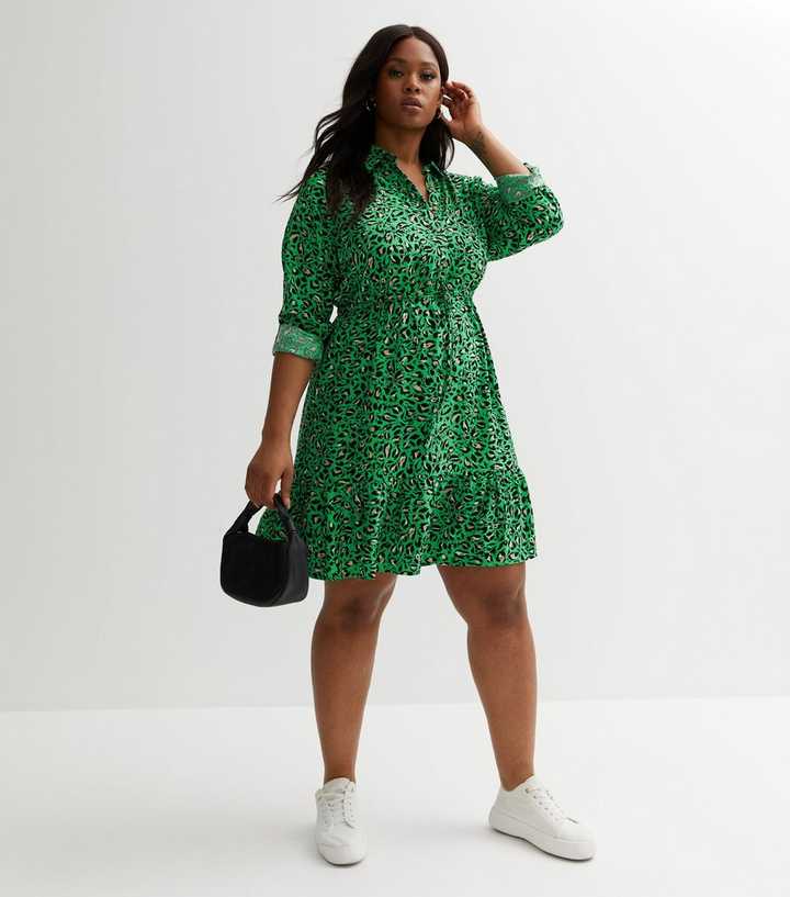 New Look Animal Print Shirt Dress New Look Green Animal Print