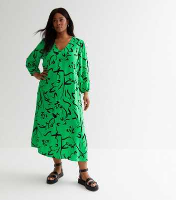 Curves Green Doodle Print V Neck Midi Dress