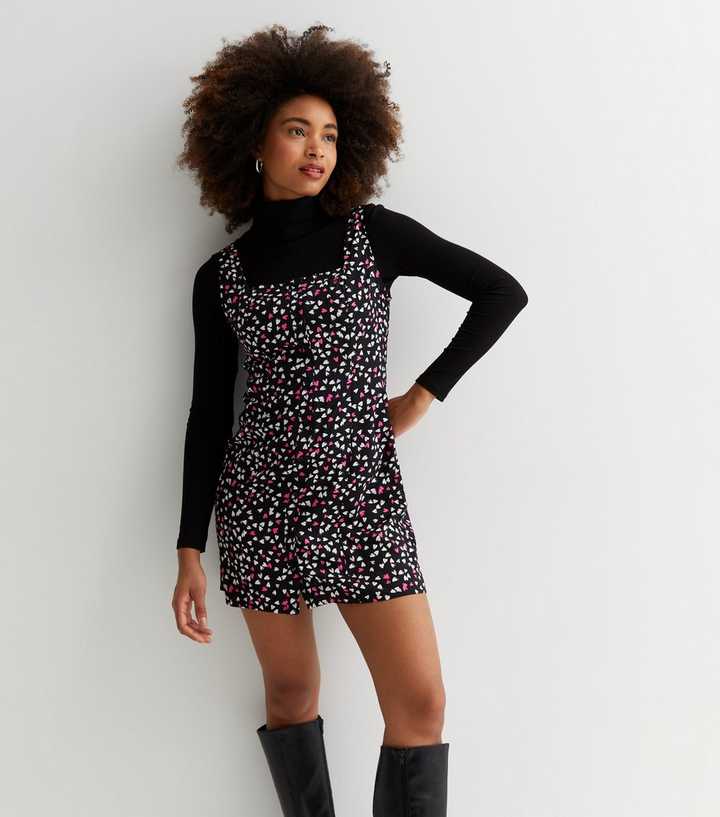 Black Heart Crepe Mini Pinafore Dress
