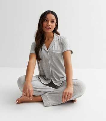 Petite Grey Revere Collar Shirt and Trouser Pyjama Set