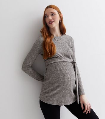 Maternity Grey Ribbed Knit Long Sleeve Belted Top
