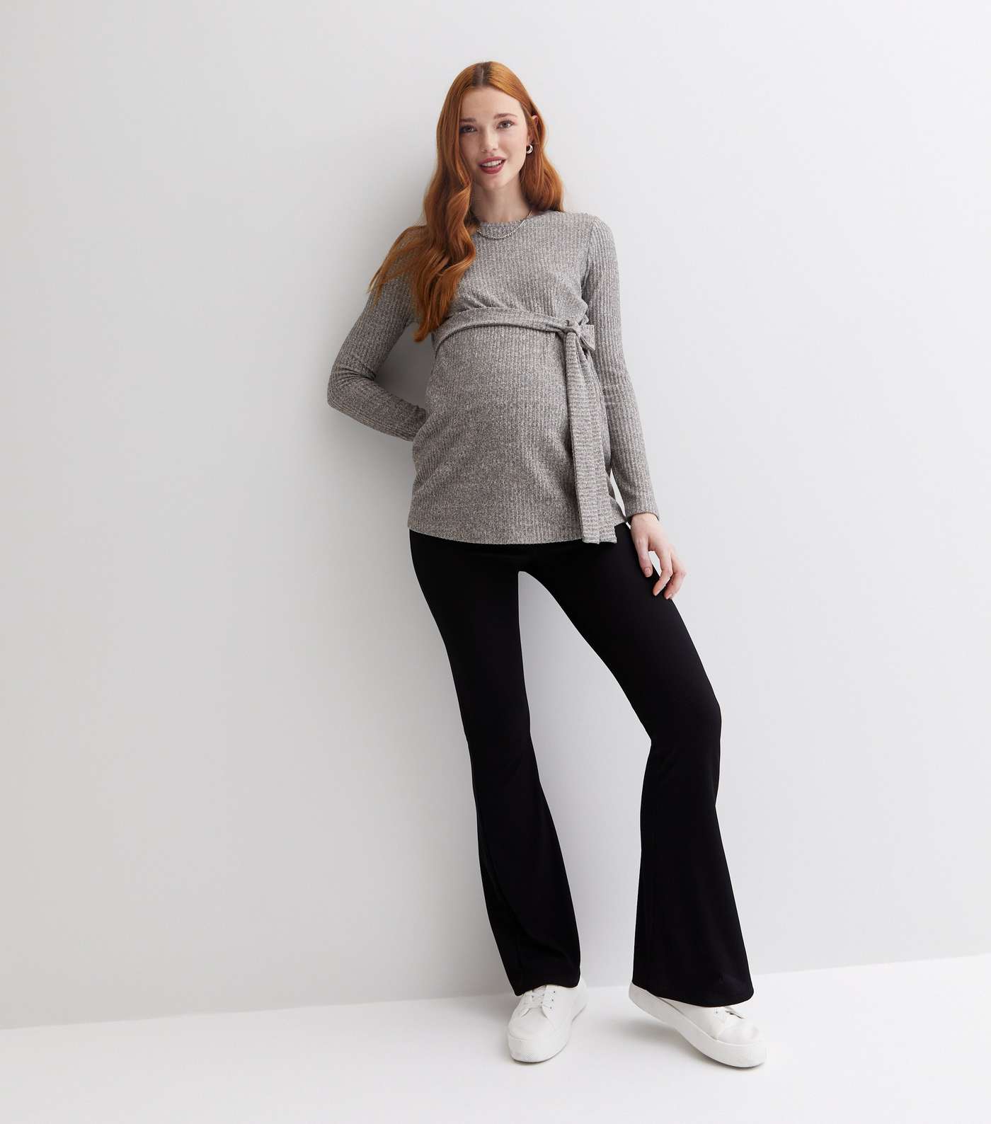 Maternity Grey Ribbed Knit Long Sleeve Belted Top Image 2