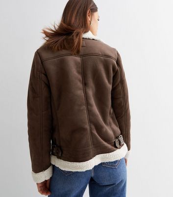 ONLY Brown Borg Collar Long Sleeve Asymmetric Zip Aviator Jacket