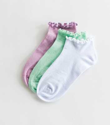 Girls 3 Pack Purple Green and White Frill Trainer Socks