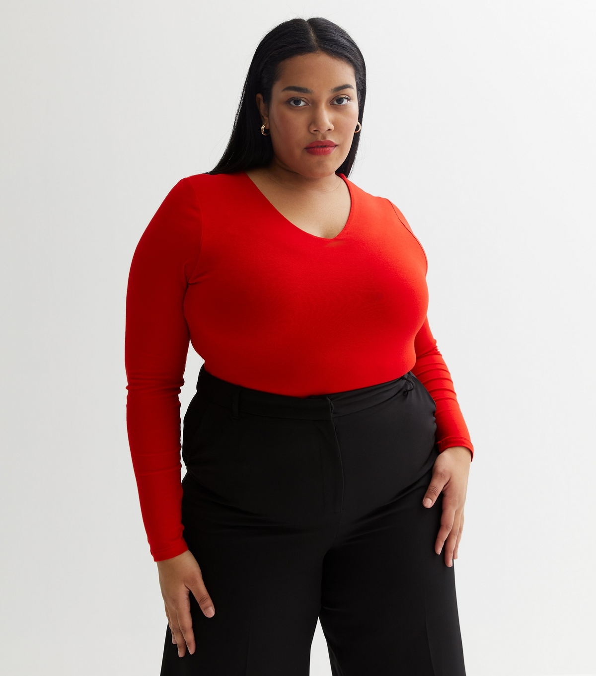 Women's Plus Size Red Jersey V Neck Long Sleeve Bodysuit Curves New Look