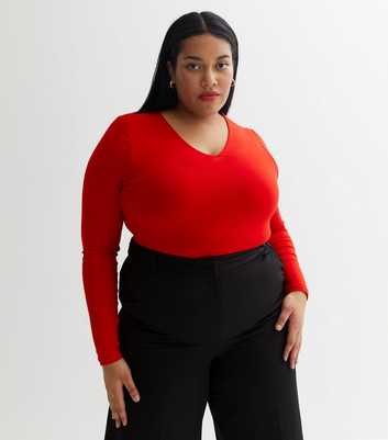 Curves Red Jersey V Neck Long Sleeve Bodysuit
