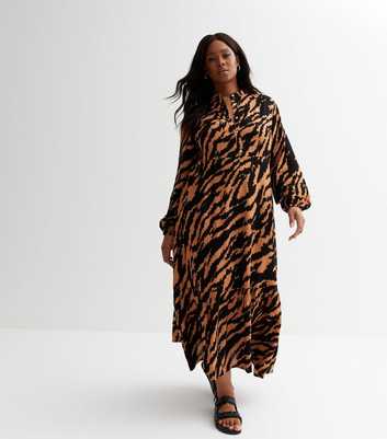 Curves Brown Tiger Print Puff Sleeve Button Front Midi Dress