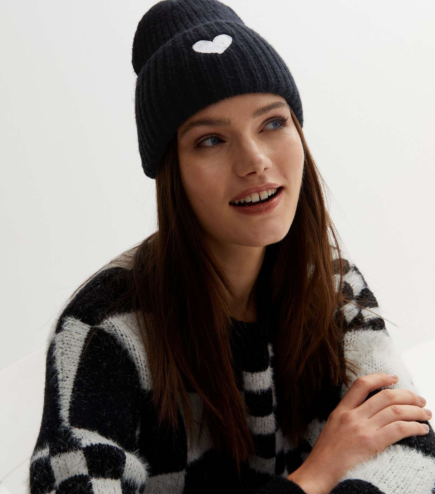 Black Embroidered Heart Chunky Knit Beanie