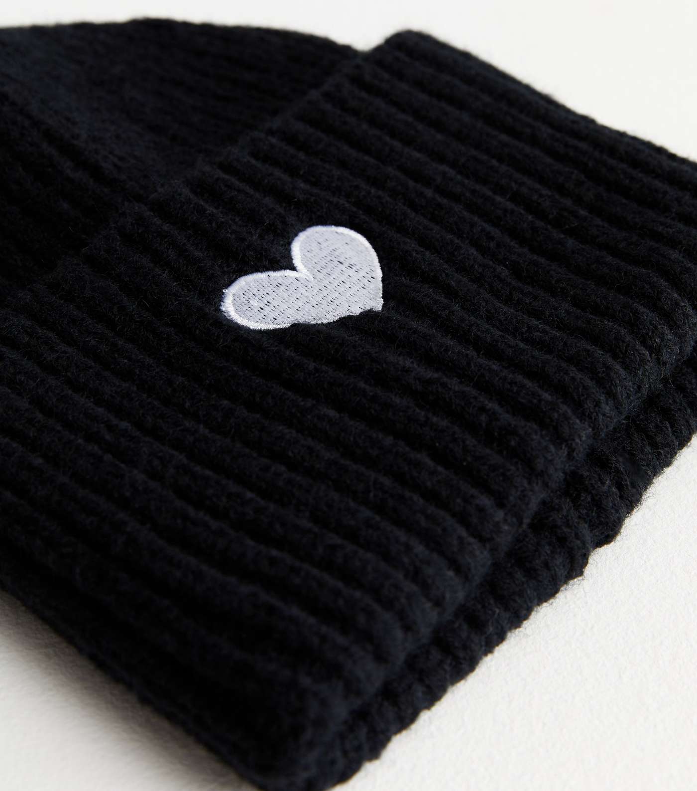 Black Embroidered Heart Chunky Knit Beanie Image 3