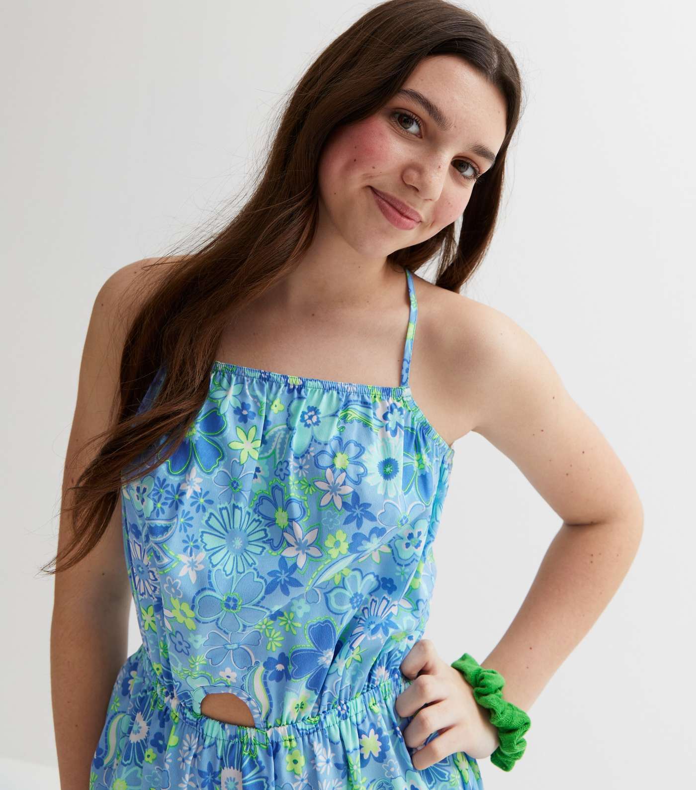 Girls Blue Exotic Print Strappy Playsuit Image 3