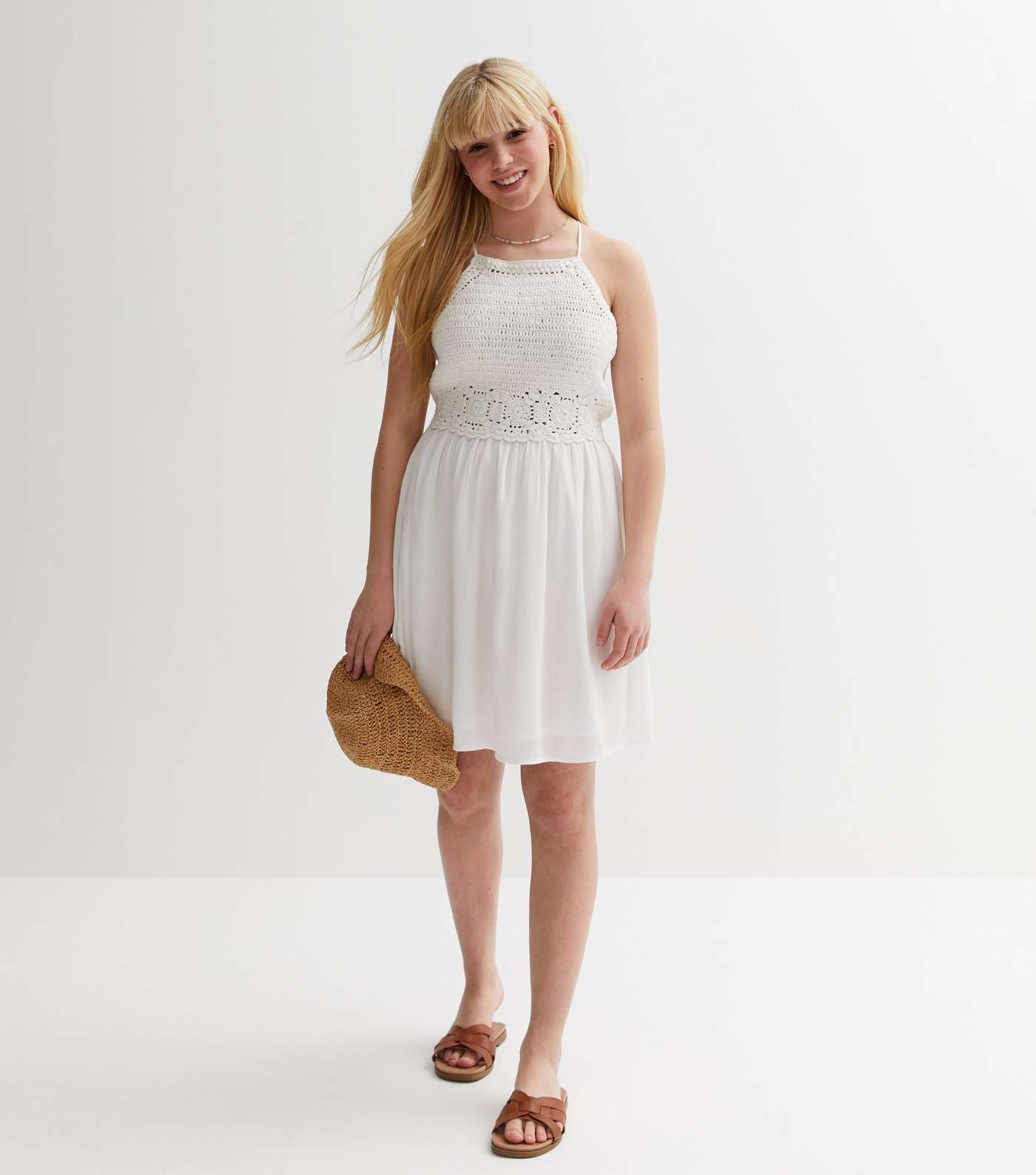 Girls White Crochet Mini Beach Dress Image 2