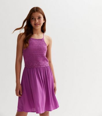 Girls Purple Crochet Mini Beach Dress New Look