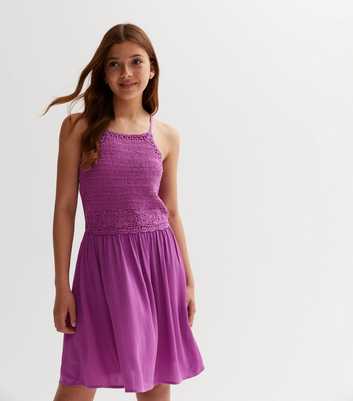 Girls Purple Crochet Mini Beach Dress