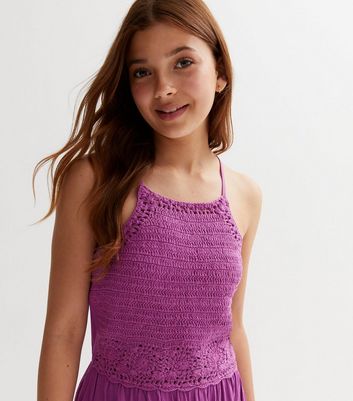 Girls Purple Crochet Mini Beach Dress New Look