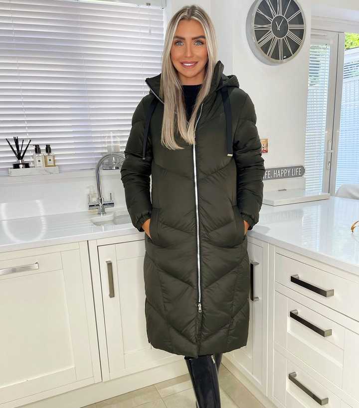 Ax Paris Long Padded Coat With Side Zips AX Paris Khaki Quilted