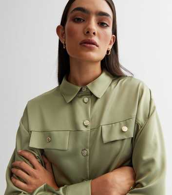 Olive Satin Long Sleeve Utility Shirt