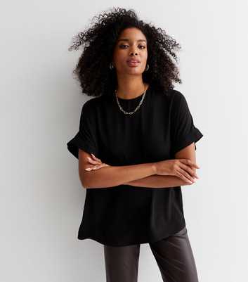 Black Woven Short Sleeve Oversized T-Shirt