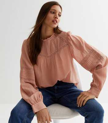 Pale Pink Lace Frill High Neck Blouse