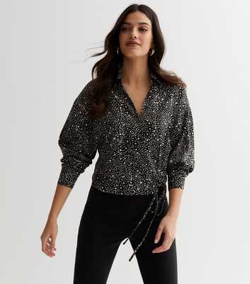 Black Animal Print Long Sleeve Wrap Shirt