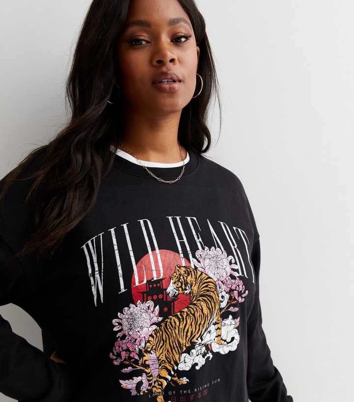 Curves Black Wild Heart Tiger Print Logo Sweatshirt | New Look