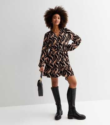 Black Doodle Print Long Sleeve Mini Shirt Dress