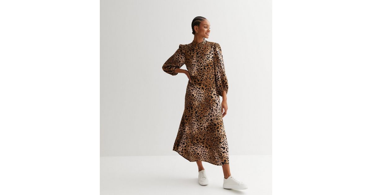 Brown Animal Print High Neck Long Sleeve Midi Dress New Look