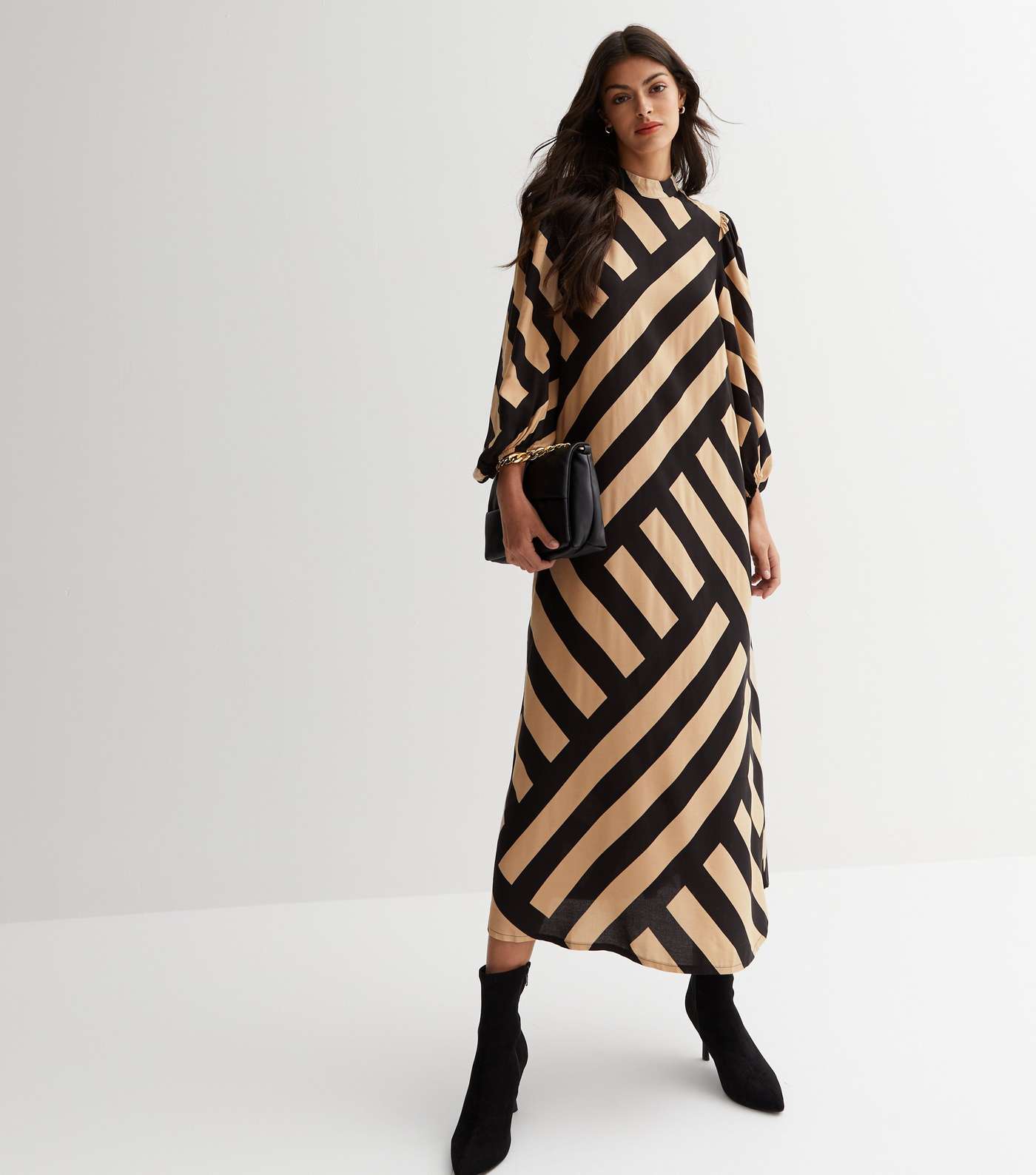 Brown Stripe High Neck Long Puff Sleeve Midi Dress