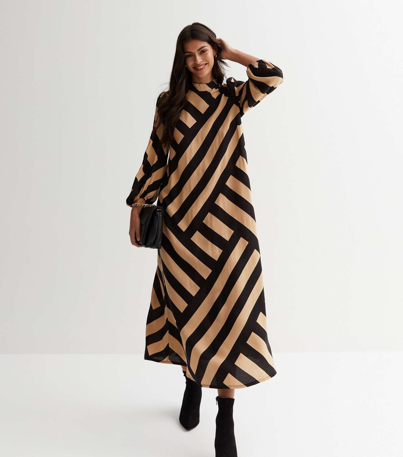 Brown Stripe High Neck Long Puff Sleeve Midi Dress Image 3