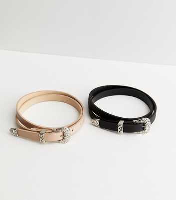 2 Pack Black and Cream Leather-Look Skinny Western Belts