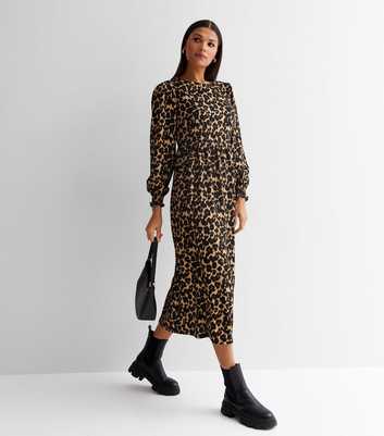 Black Leopard Print Jersey Puff Sleeve Midi Smock Dress