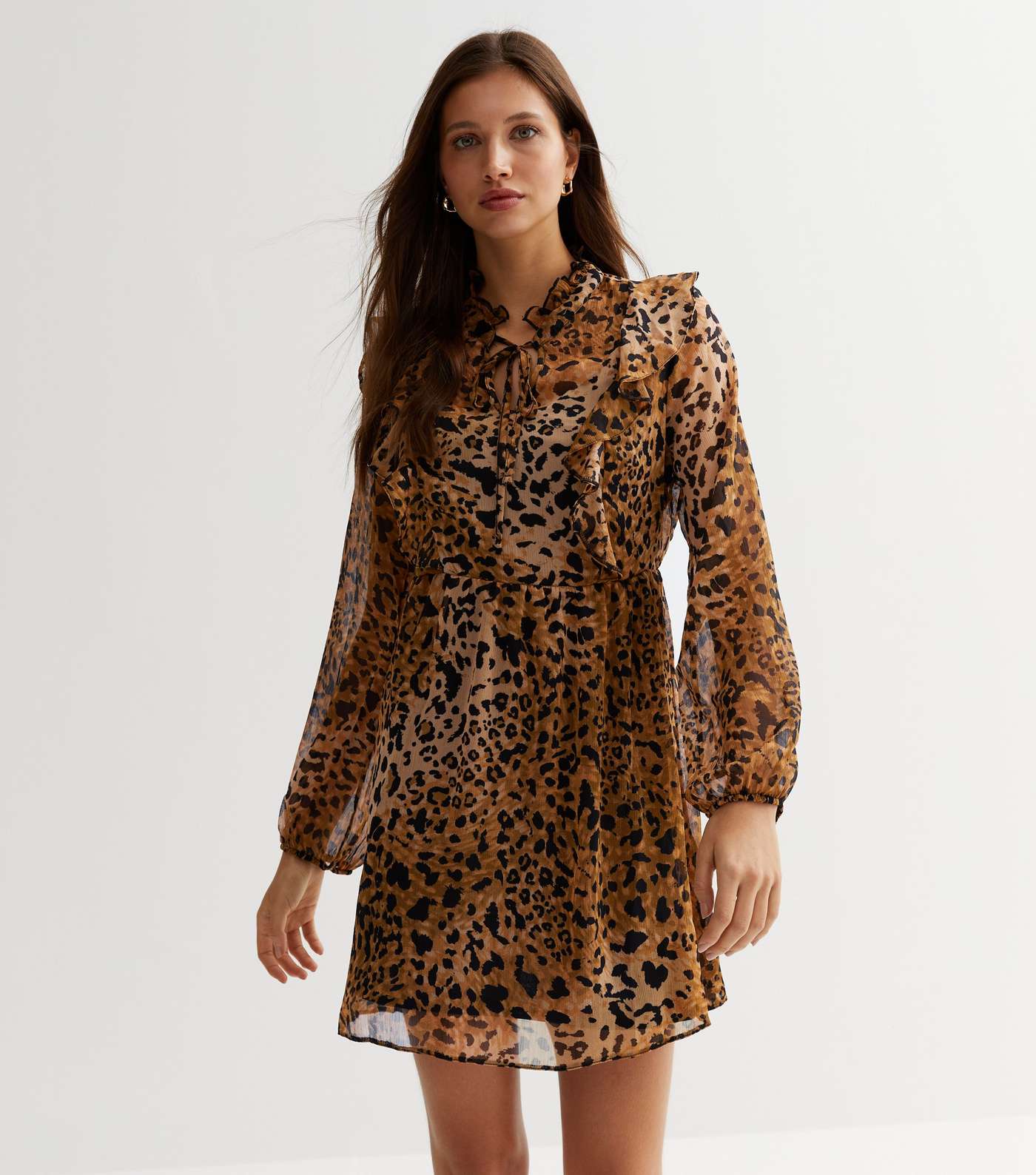 Brown Leopard Print Chiffon Tie Neck Mini Dress