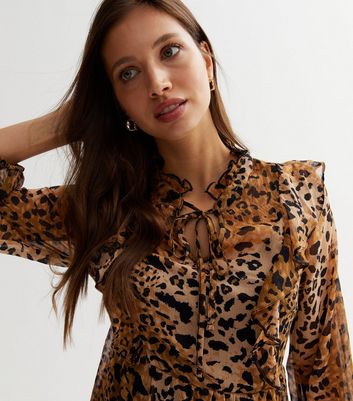 Brown Leopard Print Chiffon Tie Neck Mini Dress New Look