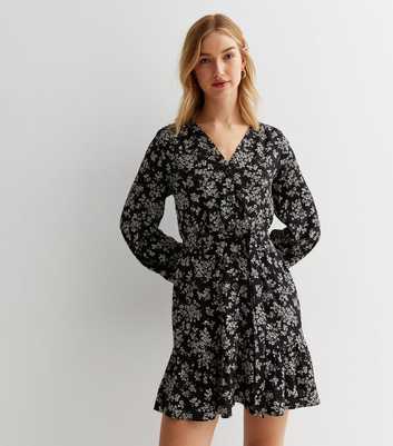 Black Ditsy Floral Frill Long Sleeve Mini Shirt Dress