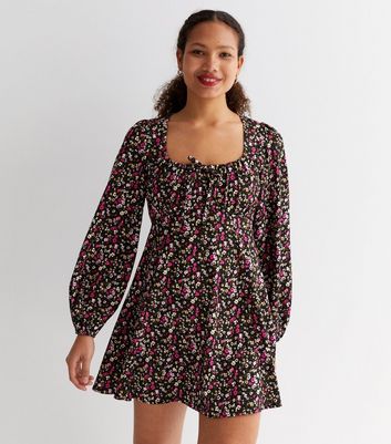 Black Floral Crinkle Jersey Tie Front Mini Dress New Look